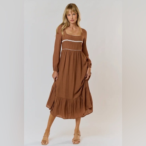 NWT Square neckline long sleeve striped mocha midi dress small medium large - Picture 5 of 6